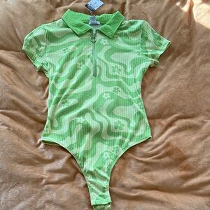 Green Patterned Collared Bodysuit